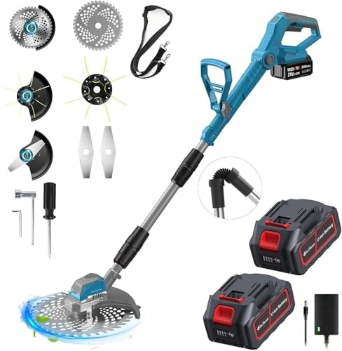 Desbrozadora Batería 21V 3 en 1 con 2 Baterías 4,0Ah, Cortabordes Eléctrico Brushless 1000W, 5000 RPM, Pantalla LCD, Mango Telescópico y Cuchillas para Césped, Malas Hierbas y Arbustos