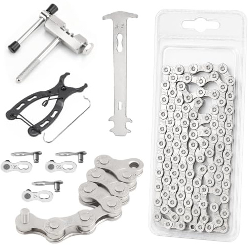 Chaîne de vélo 6/7/8 vitesses 1/2 x 3/32 116 maillons, kit d'outils avec cadenas à chaîne, pince brise-chaîne, pour VTT, vélo de sport, avec différents types de vélos
