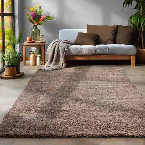 SIMPEX Flauschiger Teppich Wohnzimmer Schlafzimmer Läufer Flur Esszimmer Küchenteppich Hochflor Einfarbig Modernes Design 30 mm Florhöhe Kuschelweich, Taupe, 140 x 200 cm