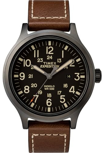 Timex Men's Expedition Scout 43mm Watch – Black Dial & Case with Brown Leather Strap