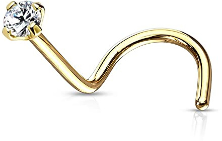 9K giallo oro FORCONE 1,5 millimetri rotonda pietra CZ 20 Gauge naso narice Piercing a vite