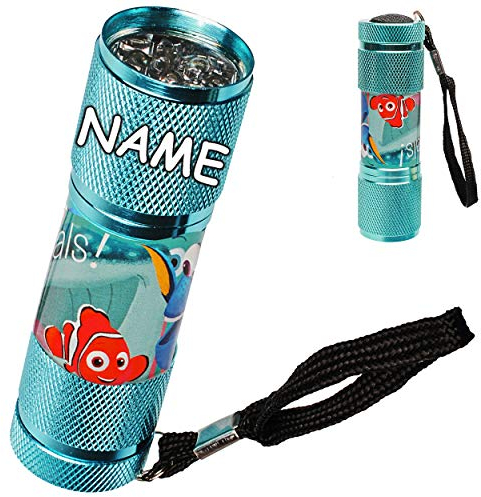 alles-meine.de GmbH 2 Stück Taschenlampen LED - Findet Nemo - inkl. Name - aus Metall - Mini Lampe/Schlüsselanhänger - 9 Fach LEDlicht - blau türkis - Licht Auto Kindertasche..