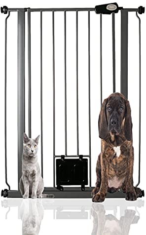 Bettacare Pet Gate with Lockable Cat Flap, 75cm - 84cm, Slate Grey, 104cm in Height, Extra Tall Dog Safety Barrier with Cat Flap, Easy Installation