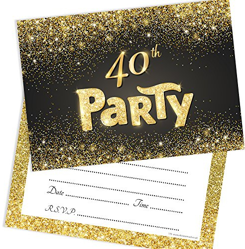 Olivia Samuel Geburtstagsparty-Einladungen zum 40. Geburtstag, Schwarz und Gold, zum Beschriften, mit Umschlägen, 20 Stück