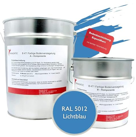 MANADATEC 2k Epoxidharz Bodenbeschichtung 2,5kg I RAL 5012 Lichtblau I Lösemittelfrei, Umweltfreundlich & Geruchsneutral I Beschichtung für Garagen- & Kellerböden I Hohe Schlagfestigkeit
