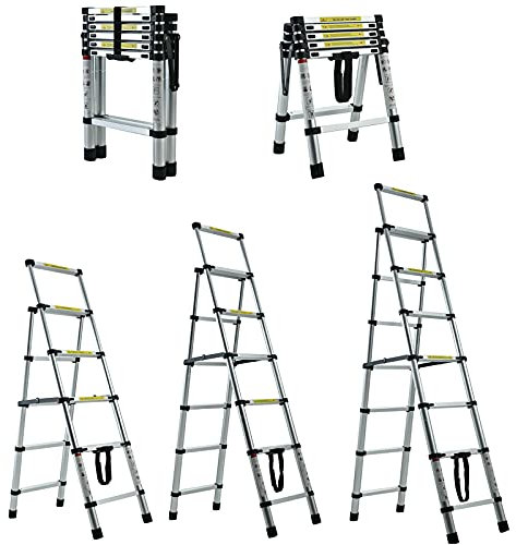 Telescopic 6+7 Step Ladder Heavy Duty Aluminium Stepladder 150KG/330lb Capacity Folding Lightweight Portable Extendable Multi-Purpose Ladder Anti-Slip A Frame Extension Ladder