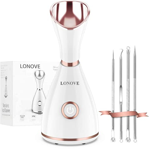 LOVONEE Facial Steamer Face Steamer for Facial Deep Cleaning Professional Home Spa Sauna Sinuses Warm Nano Ionic Mist Atomizer Humidifier with Blackheads Kit & Hair Band (Rose Gold)