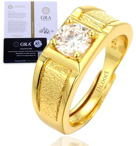 Halukakah Bague pour Homme Moissanite D1,0ct en Argent 925 Plaqué Or 18k avec Certificat,Audacieuse Sertie Griffes Diamant de Laboratoire en Ronde,pour Fiançaille,Mariage,Anniversaire,Taille Ajustable