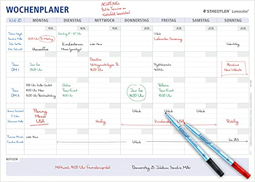 STAEDTLER Wochenplaner Lumocolor, wiederverwendbar, trocken abwischbar, Größe DIN A1, im Set mit 2 Stiften Lumocolor correctable M rot, schwarz und 2 Stiftklemmen, 641 A1-1