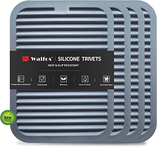 Walfos Silicone Trivets For Hot Pots and Pans - 4 Pack Hot Pads for Kitchen Counter, (30×23cm) Heat Resistant Silicone Table Mat -Multi-Purpose trivets for Hot Dishes Silicone Pot Holders Mat, Gray