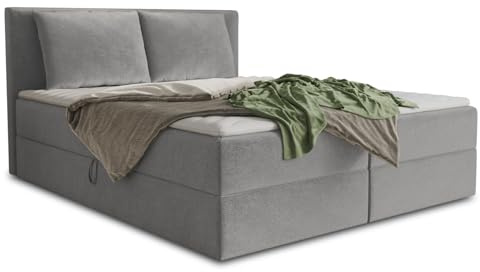 Sofnet Boxspringbett Egro mit 2 Bettkästen und Zwei große Kissen - Doppelbett mit Bonell-Matratze und Topper, Polsterbett, Bett, Bettgestell Schlafzimmer (Grau (Paros 05), 180 x 200 cm)