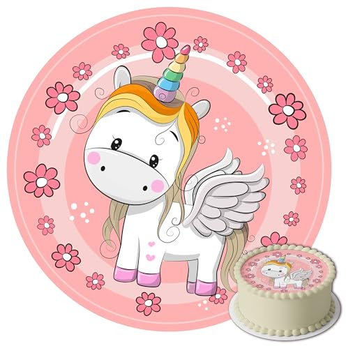J&M DECO Tortenaufleger Einhorn – essbare Kuchendeko Ø 20 cm – Tortenbild für Mädchengeburtstag mit Regenbogen-Motiv – Tortendekoration aus Zuckerpapier – gebrauchsfertig
