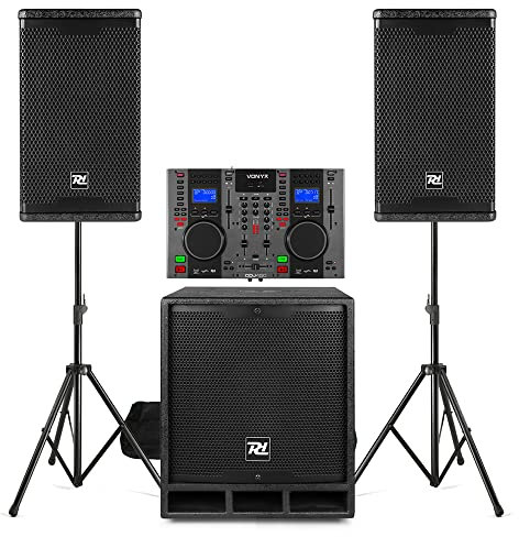 Power Dynamics COMBO1800 DJ PA System Package with 18-inch Subwoofer, Dual 10-inch Satellite Speakers & Vonyx CDJ450 Dual CD Mixer, Bluetooth, Speaker Stands & Audio Cables, Complete DJ Setup