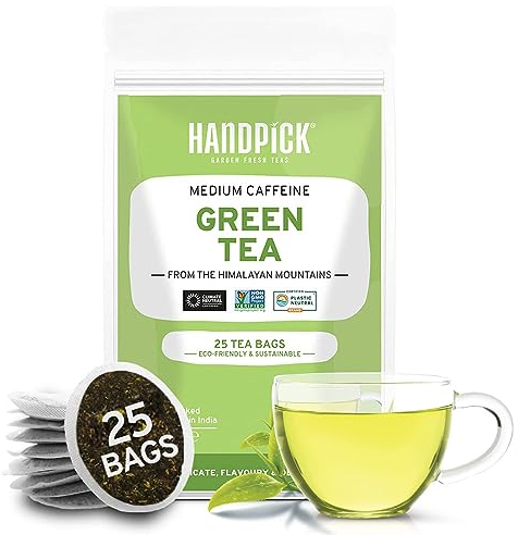 HANDPICK, Té Verde (25 Bolsitas Redondas) | Té Verde del Himalaya | 100% Puro, No Transgénico, Sin Gluten | Sabor Terroso y Delicado para Infusiones Calientes y Frías