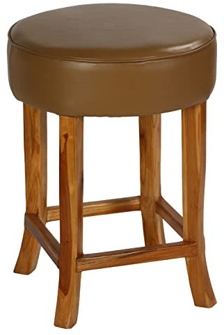 Bare Decor Pacha runder Thekenhocker aus echtem Leder, übergroßer Sitz und massiver Teakholz-Basis, 45,7 x 45,7 x 61 cm