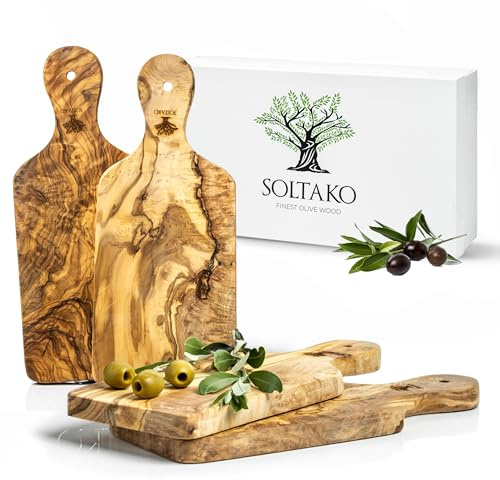 SOLTAKO Set di 4 taglieri per la colazione in legno d'ulivo, circa 29 x 12,5 x 2 cm (manico incluso), tagliere per la colazione, tagliere in legno d'ulivo, tagliere per il pane