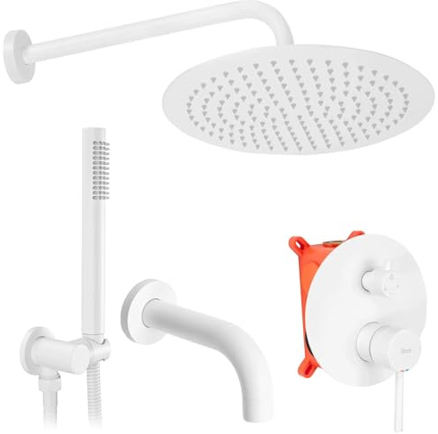 Rea Unterputz Wannen-/Duschsystem Lungo WHITE + BOX Duschset Duscharmatur mit Duschkopf und Kopfbrause aus Messing Duschgarnitur für Badezimmer (Weiß)