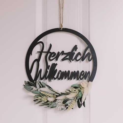 Willkommensschild I Trockenblumenkranz I Türkranz Trockenblumen I Herzlich Willkommen Türhänger I Innenbereich I ganzjährig (24cm Holz Schwarz, Weiss/Grün)