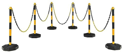 Bettary 6 Pack Plastic Stanchions Chain Set, Traffic Delineator Post Cone with Fillable Base, 5’ Link Chains, Crowd Control Ropes and Poles for Airports, Parks, Stores(Black & Yellow)