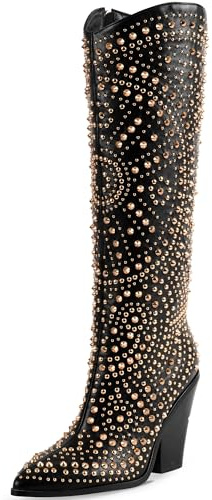 iiimmu Knee High Boots Women Black Pointed Toe and Chunky Heel Boots for Women Luxurious Studded Boots Tall Boots with Gold Metal Rivets, Size US 8.5