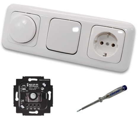 Busch Jäger 6523UR-103 LED Drehdimmer Dimmer + Dimmerscheibe 2115-214 + Kreuzschalter 2000/7US + Steckdose 20EUC-214 Reflex Si alpinweiß glänzend + EBROM Phasenprüfer z. Montage der Geräte 6523 UR-103