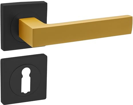 domino Türgriff Drückergarnitur BB-Buntbart Set mit quadratischen BB Rosetten Türklinke für Zimmertür aus Aluminium Schwarz/Gold Türdrückergarnitur QUBIK-QR BLACK/K-GOLD MATT