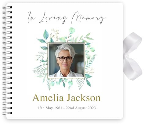 Funeral Condolence Memory Book Of Life - Memorial Guest Book Hardcover - Guestbook for Celebration of Life Memorial Service with Memory Table Card Sign (Floral Green)
