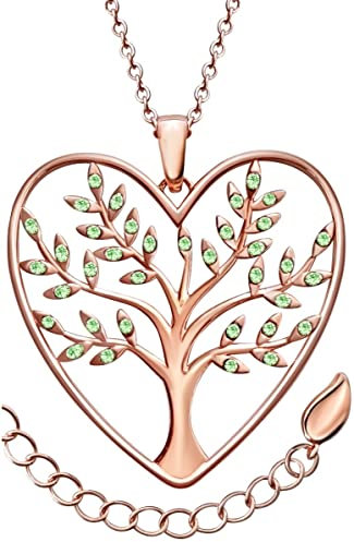 Bijoux Femme Coeur Arbre de Vie Avec 36 Cristaux Brillants. Cadeau Fete des Meres Collier, Original, Anniversaire, Saint Valentin, Noël (Collier Coeur Arbre de Vie Vert Péridot)