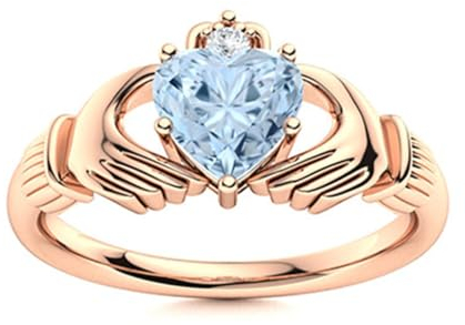 MOONEYE Irischer Claddagh-Ring, 5 mm, Herzform, Aquamarin-Solitär-Damen-Ehering, 925er Sterlingsilber Roségold Vermeil, 52