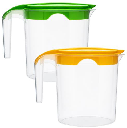 Set of 2 Plastic Water Jug with Lid 1Litre Milk Juices Drinks Fridge Jug Ideal for Everyday Use Indoor Outdoor Party (Green & Yellow)