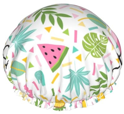 Wiederverwendbare Duschhaube für Damen, Flamingo-Blumenblätter, Badehaube, doppellagig, wasserdicht, Dusch-Haarschutz, verstellbares Gummiband, Duschhut für Home-Spa-Salon, Badehauben