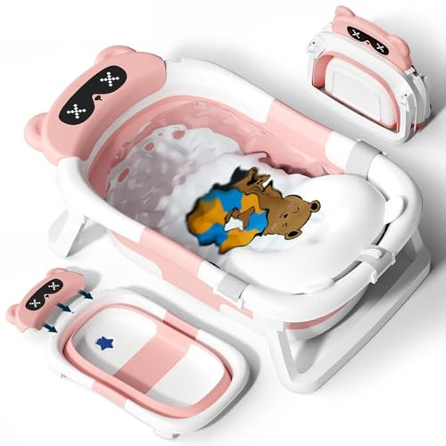 COOSEYA BañEra Plegable Bebé, Bañera Plegable Para Recién Nacido Con Cojín Suave (0-12 Meses), Regalo Ideal Para Recién Nacido De Bebé A Niño Pequeño De Viaje Portátil Ahorra Espacio, Rosa