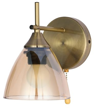 TEKLED myHome Modern Cone Glass Wall Light | E27 with Pull Down Switch | for Bedrooms Living Rooms Hallways Study Rooms Cafes Bars Restaurants | Antique Brass - Amber (Bulb not Included)