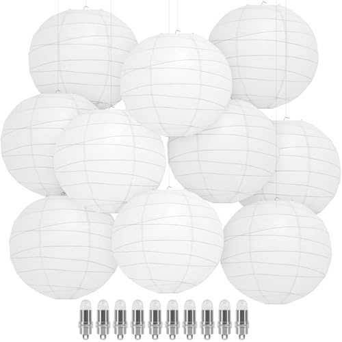 Encham Lampions vit, räfflad papperslykta med ballonglampor, 10-tals, 25 cm