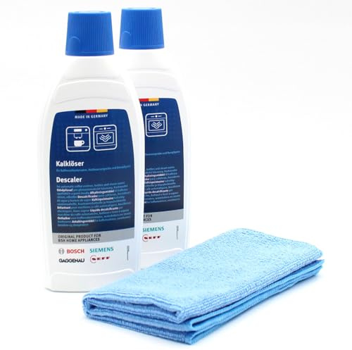 Skötselset 2x avkalkningsmedel kalkborttagare + mikrofiberduk kompatibel med Bosch, Siemens 00311680, 311680, 00160309, 160309 - för helautomatiska kaffemaskiner, 1000ml
