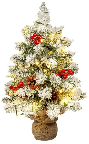 Uten Artificial Mini Christmas Tree, 1.8ft/55cm Snow Flocked Desktop Small Christmas Tree with 40 LED String Lights, 4 Groups Red Berries, 5 Pine Cones, Burlap Base for Desktop Christmas Decoration