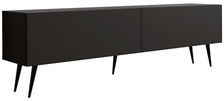 3xE Living Meuble TV : Deux Portes, Deux étagères, Couleur : Noir Mat, Pieds Noirs D : L : 170 cm, H : 52 cm, P : 32 cm