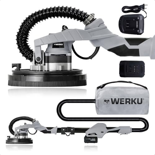 Werku WK403430+WK403470+WK403480, Lijadora Circular Paredes-Techos Inalámbrica, Calidad Profesional, Potencia 20 V, Disco 225 mm, Incluye disco Lijado y Manguera Aspiración, Incluye Batería y Cargador