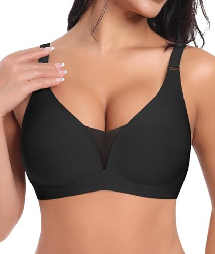 Ganado Reggiseno Senza Ferretto Pizzo Donna Reggiseni Senza Cuciture Reggiseno Imbottito Comodo Push Up, XXL, Nero