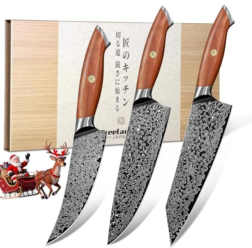 Freelander Juego Cuchillos de Cocina Damasco Profesionales de 3 Piezas – Cuchillo Chef, Kiritsuke Japonés y Cuchillo Deshuesador en Acero Damasco, Mango de Madera Ergonomico, Ideal para Verduras, Car