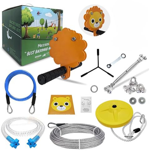 Slackline Zipline 24 m 80 piedi per bambini e adulti, gioco di avventura nel cortile, facile installazione, fino a 150 kg, resistente, cavo di sicurezza e freno a molla, giocattoli,Leone arancione