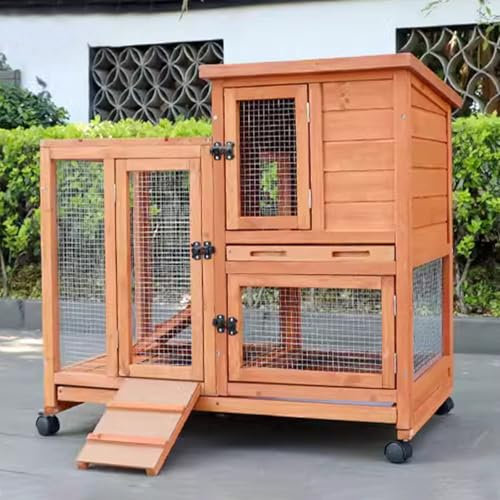 Kaninchenkäfig, 2-Stöckiger Hasenstall Aus Holz Für Den Außenbereich Mit 4 Rädern Und Auslaufsicheren Tabletts, Hühnerhaus Für Kleine Bis Mittelgroße Tiere,