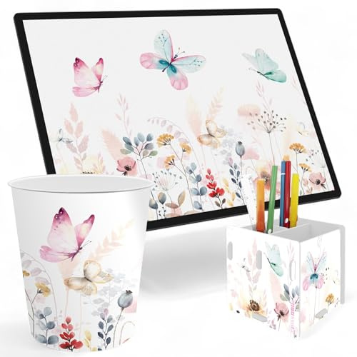 itenga SET Papierkorb Schreibunterlage und Stifteköcher mit Motiv - Papierkorb für Kinder mit Motiv - rund ca. 11 Liter passende Schreibtischunterlage und Schreibtisch Organizer (Motiv Schmetterling)