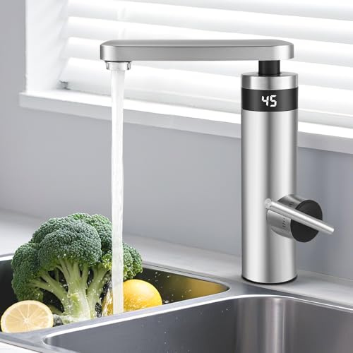 Instant Hot Water Tap, 220V Stainless Electric Faucet Heater, 3300W Electric Hot Water Tap with LED Display, Kitchen Sink Hot and Cold Water Tap(British Plug)