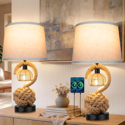 22 Rope Lamps for Night Stands, Dual-Lights Bedside Lamps Set of 2, Boho Table Lamps for Living Room, 3-Color Temperatures Boho Lamp with Rotary Switch, Rattan Lamp with USB Ports, 4 Bulbs Included