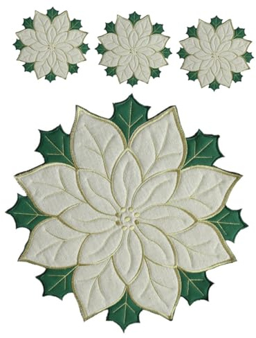 COLLBATH 4 Pezzi Tovagliette Natalizie Ricamate Poinsettia con Applique Sottopiatti Decorativi in Lino per Tavole Feste e Ristoranti