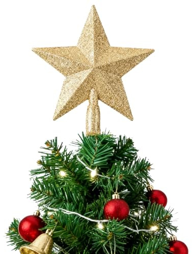 Hoceium Gold Weihnachtsbaumspitzen Stern,25cm Glitzer-Baumspitzen aus Golddraht Stern Christbaumspitze Baumspitze Spitze Aufstecker für Tannenbaum Tannenbaumspitze Weihnachtsbaum Weihnachten