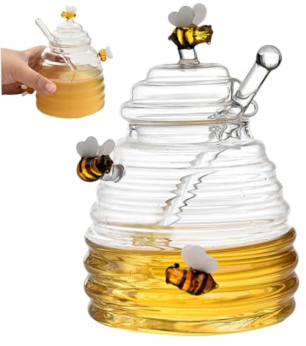 Licsaliwe Honey Pot with Dipper 500ml, Cute Bee Design Glass Honey Jar with Lid, Transparent Storage Container for, Syrup, Maple Syrup, Drizzler Included