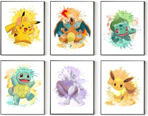 SDZDS 6er Set Poster, Cartoon Wanddeko Kinderzimmer Ungerahmte Wandkunst in Aquarell Optik plakat Kunstwerk-Set, wandtattoo Poster für Mädchenzimmer, Bilder Kinder Wanddekoration (20x25cm)