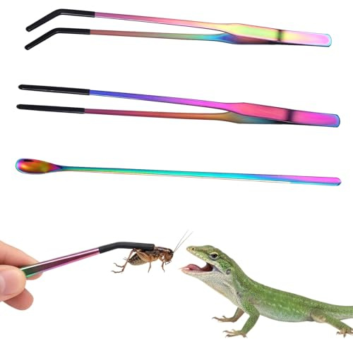 LXUEJIE 3PCS Stainless Steel Reptile Feeding Tongs with Rubber Tip, 10.6 Straight Curved Long Tweezers, Extra Long Aquarium Tweezers for Bearded Dragons, Lizards, Terrarium Tank Supplies